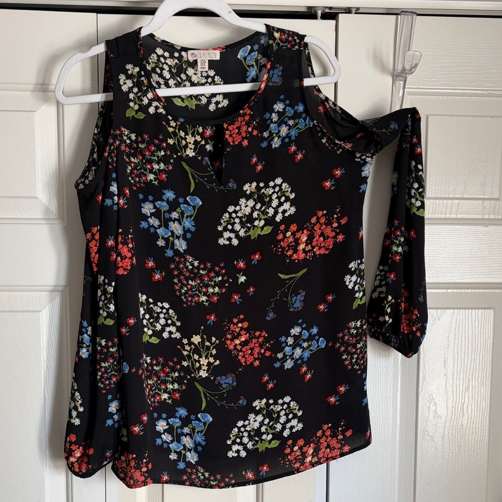 Lila Rose Black Cold-Shoulder Floral Blouse